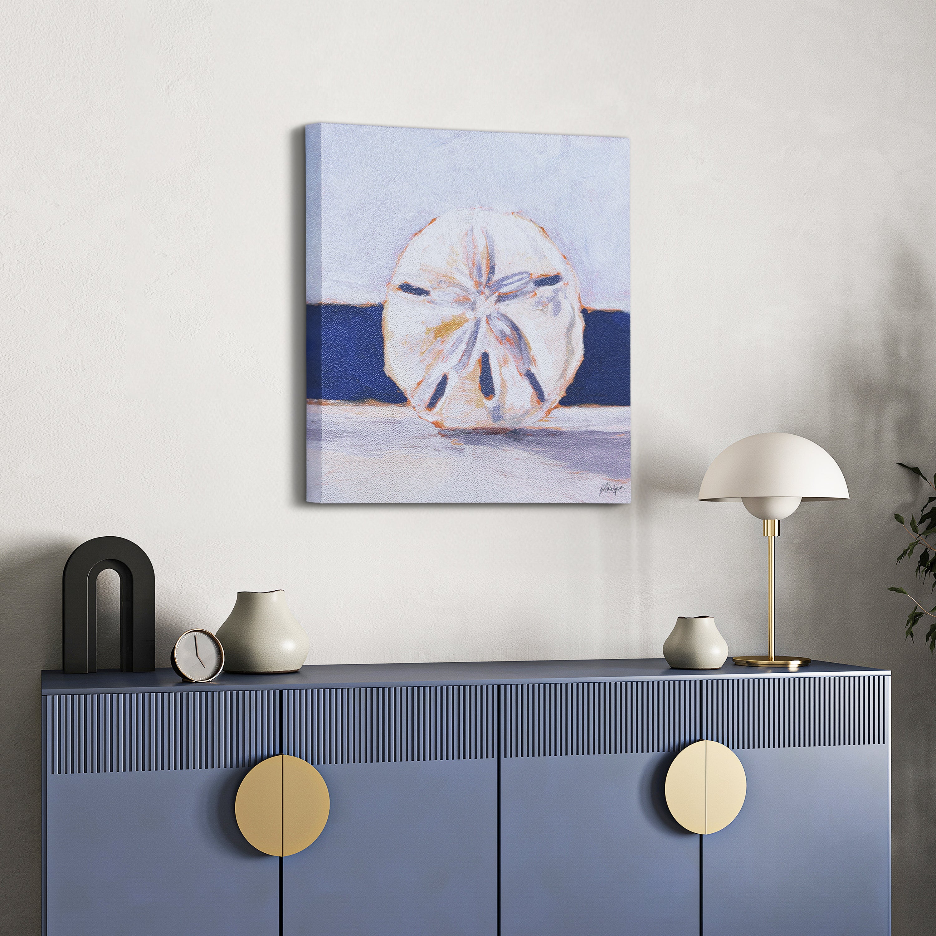 "Coastal Serenity I", Sand Dollar Rendered on Silver Metallic Shagreen Gallery Wrapped  Wall Art, sized 22"x22"