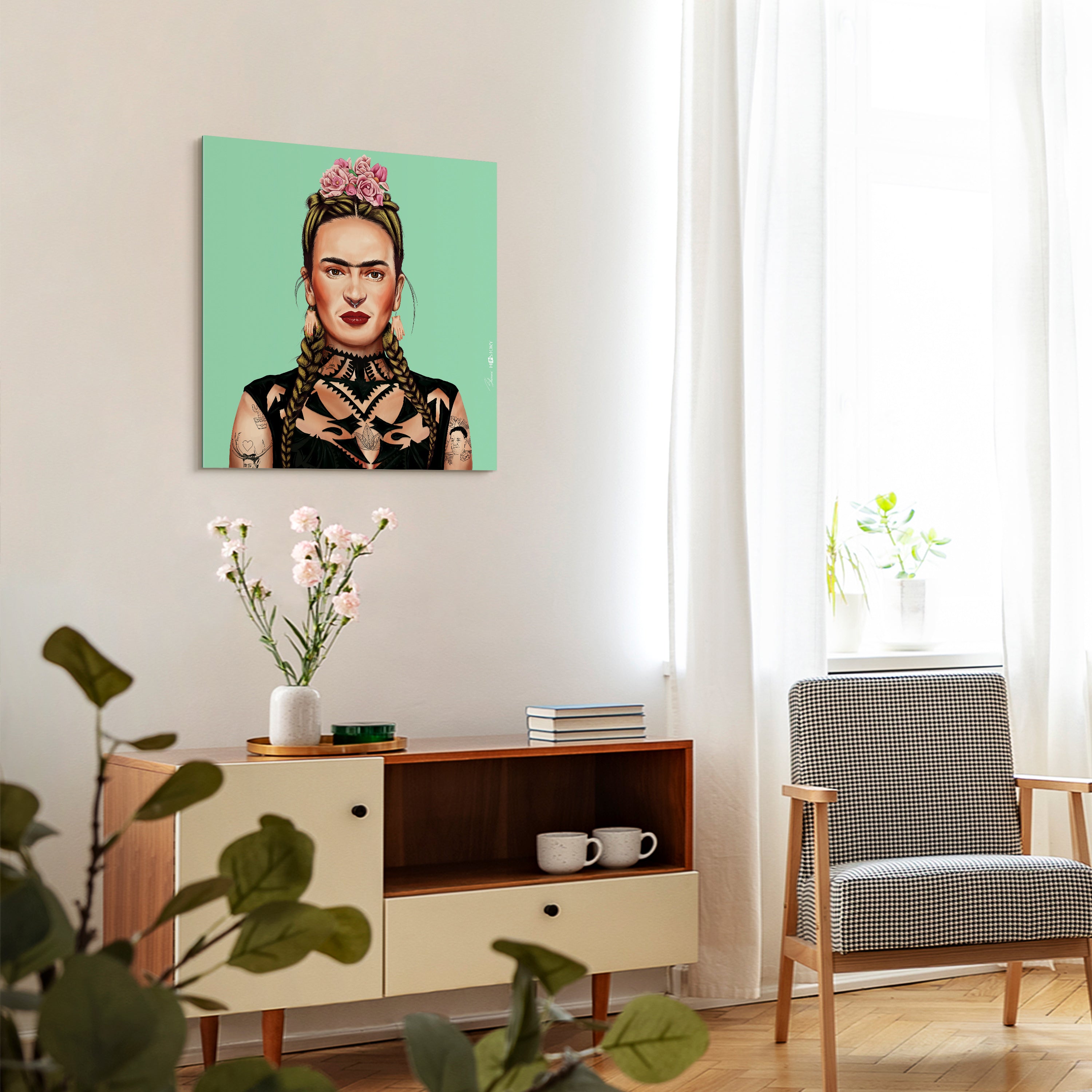 "Hip Frida Kahlo" Frameless Free Floating Reverse Printed Tempered Art Glass Wall Art