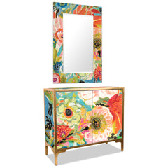 "Secret Garden Floral III" Console and Mirror Set on Reverse Printed Beveled Art Glass, by Co-Op artist Karen Fields