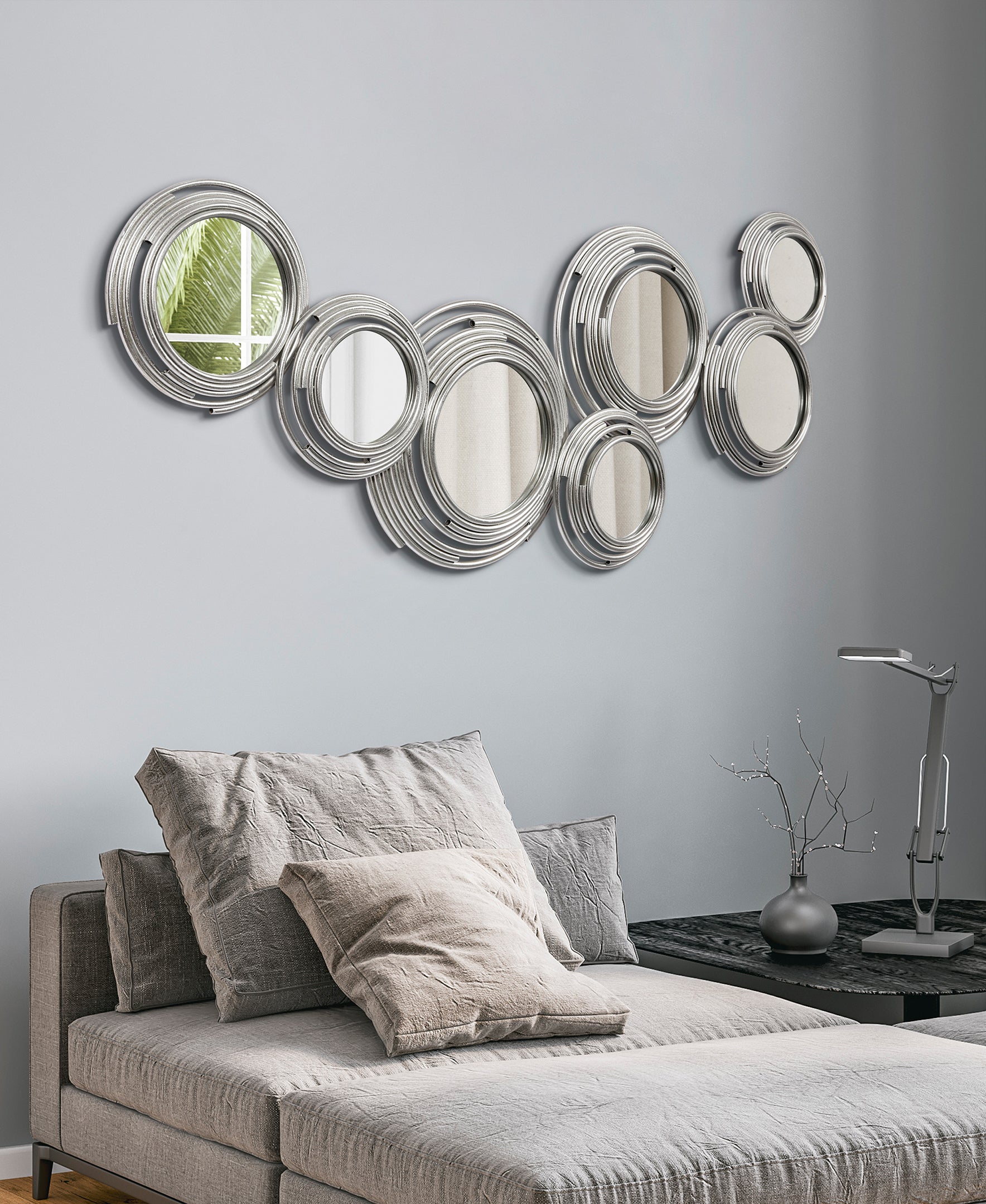 "Descending Reflection" Circle Array Mirrors in Metal Foiled Frame,24"x59"