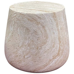 Barrel Travertine Stone Finish MGO Side Accent Table, size 18.8"x18.8"x16.1"  suitable for both indoor and outdoor spaces.