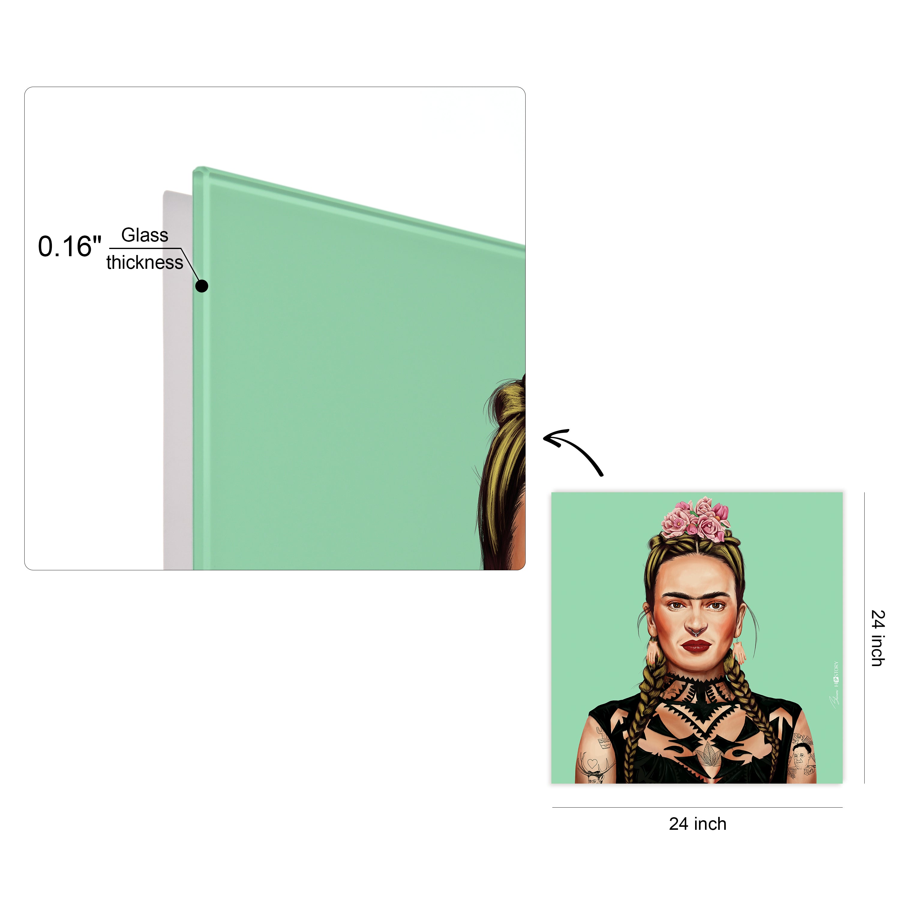 "Hip Frida Kahlo" Frameless Free Floating Reverse Printed Tempered Art Glass Wall Art