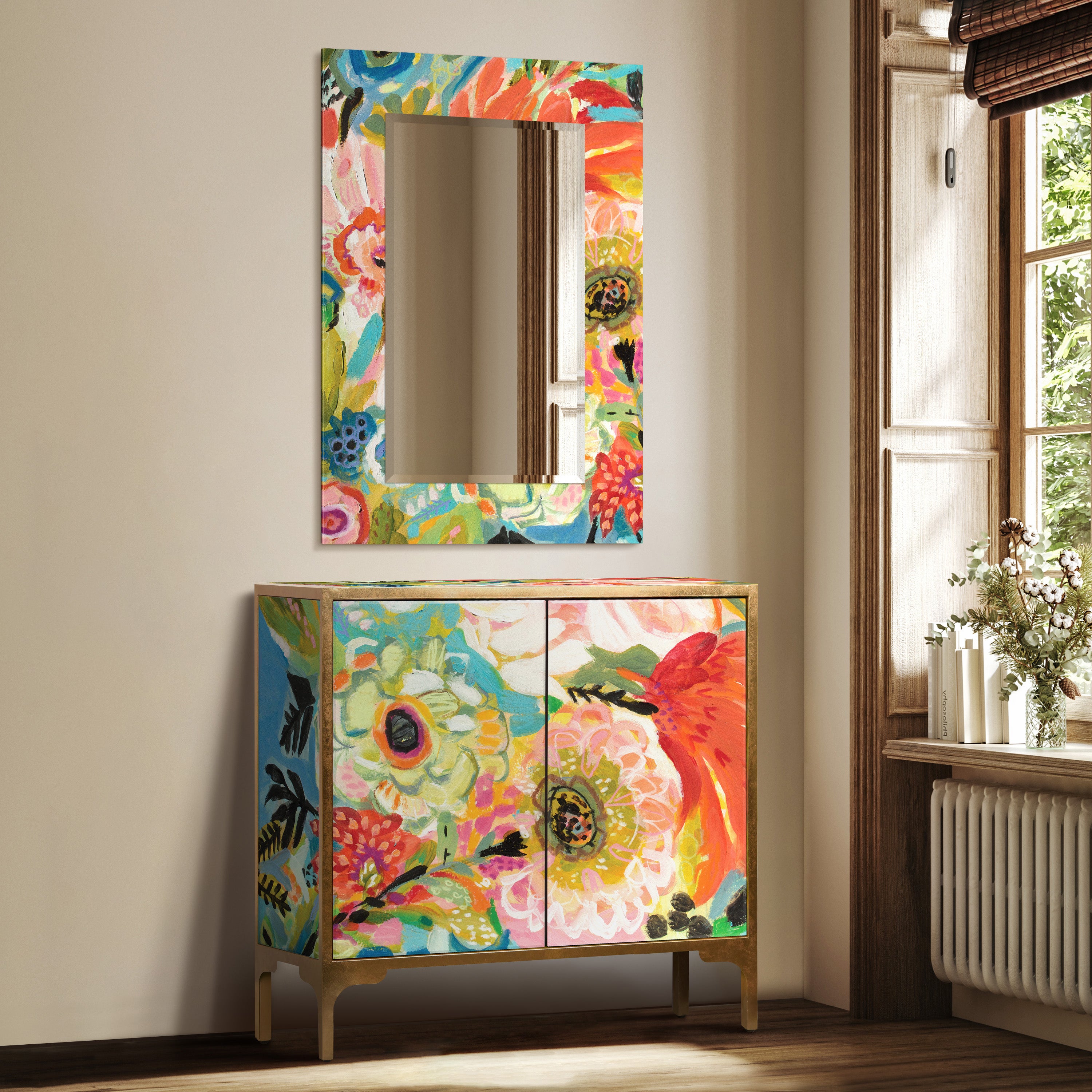 "Secret Garden Floral III" Console and Mirror Set on Reverse Printed Beveled Art Glass, by Co-Op artist Karen Fields