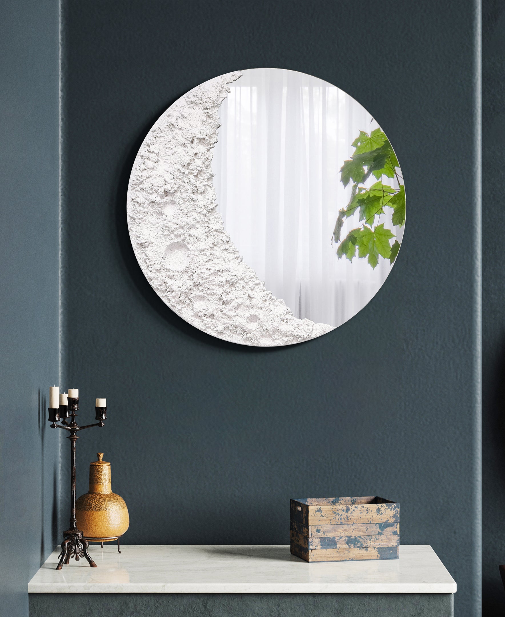 "Lunar Serenity" 20" Round Wall Mirror with a 3D Textured Crescent Moon Embellishment