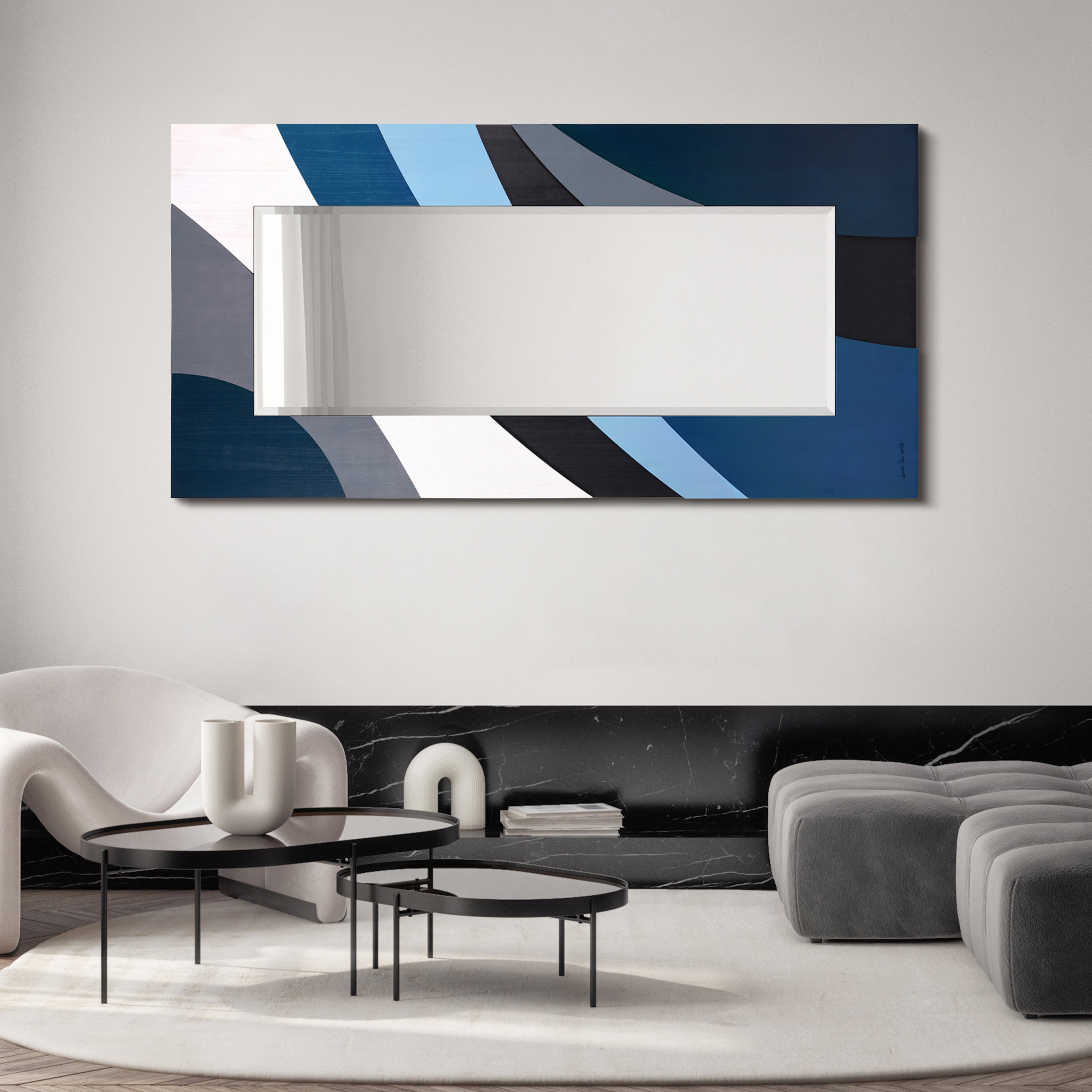 "Blue Waves" Hand Made Solid Paulownia Wood Beveled Leaner Mirror size 80" x 40"