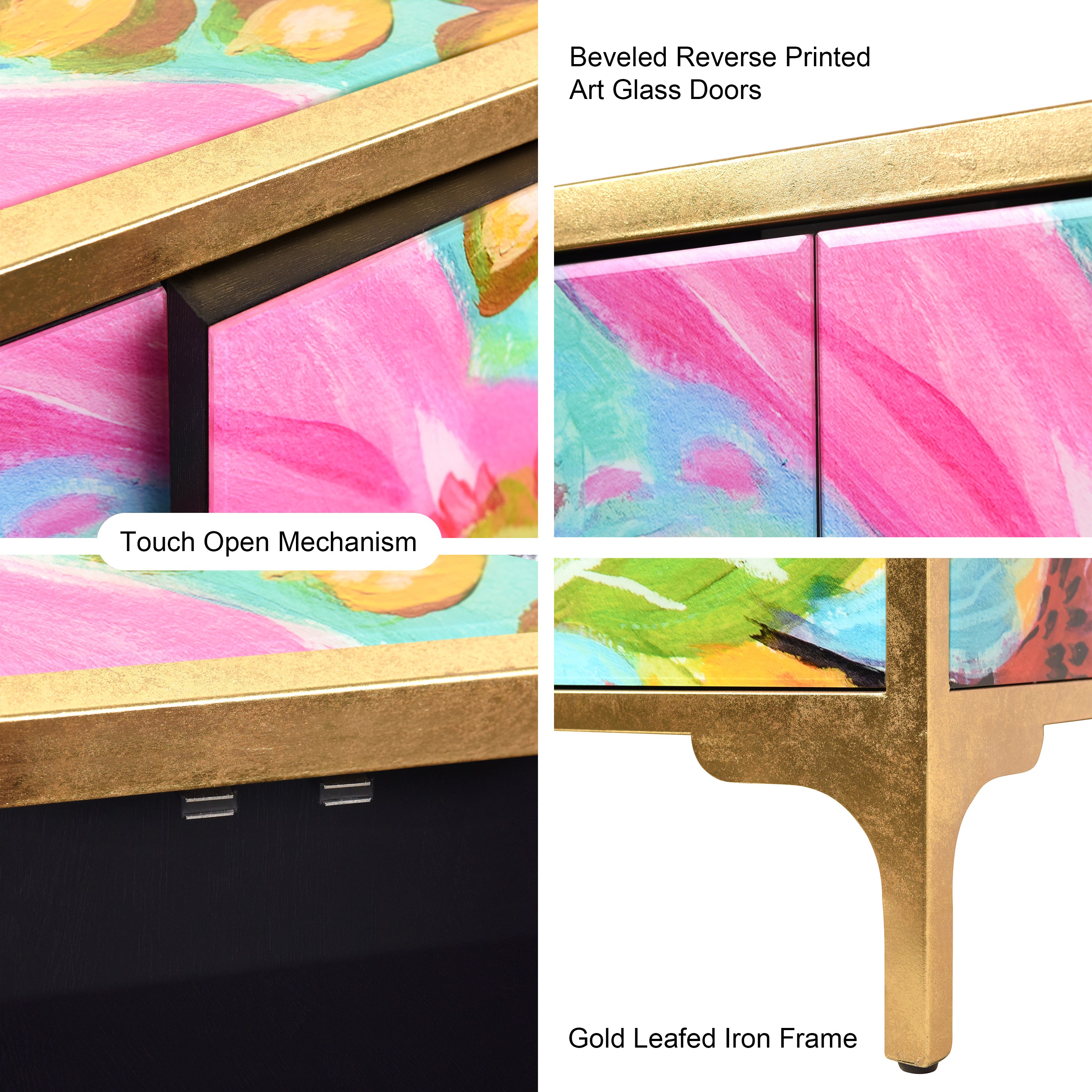 "Secret Garden Floral II" Reverse Printed Beveled Art Glass Console and Mirror Set, by Co-Op artist Karen Fields