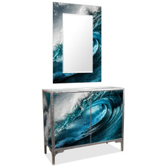 "Sapphire Sea" Reverse Printed Beveled Art Glass Console and Mirror set