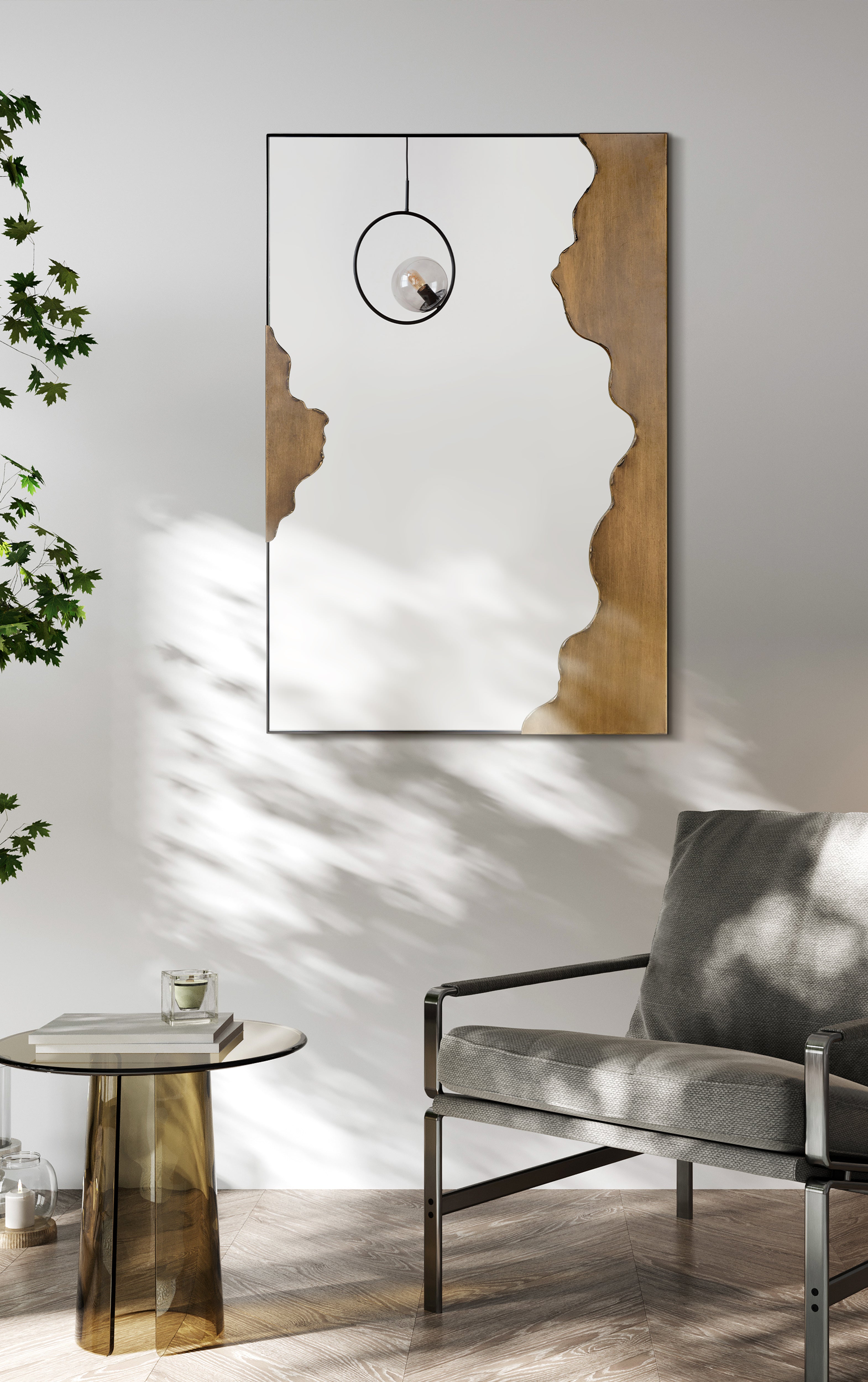 "Antique Gold Edge Tear Rectangular Wall Mirror",24"x36" Mirror Featuring a Brushed Antique Gold Iron Frame with Unique Edge Tear Design Accent