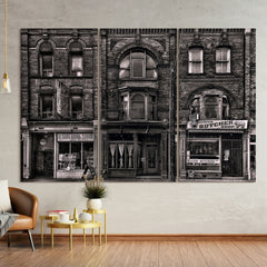 "Historic Brownstone Trio" Buildings Frameless Free Floating Reverse Printed Tempered Art Glass Wall Art