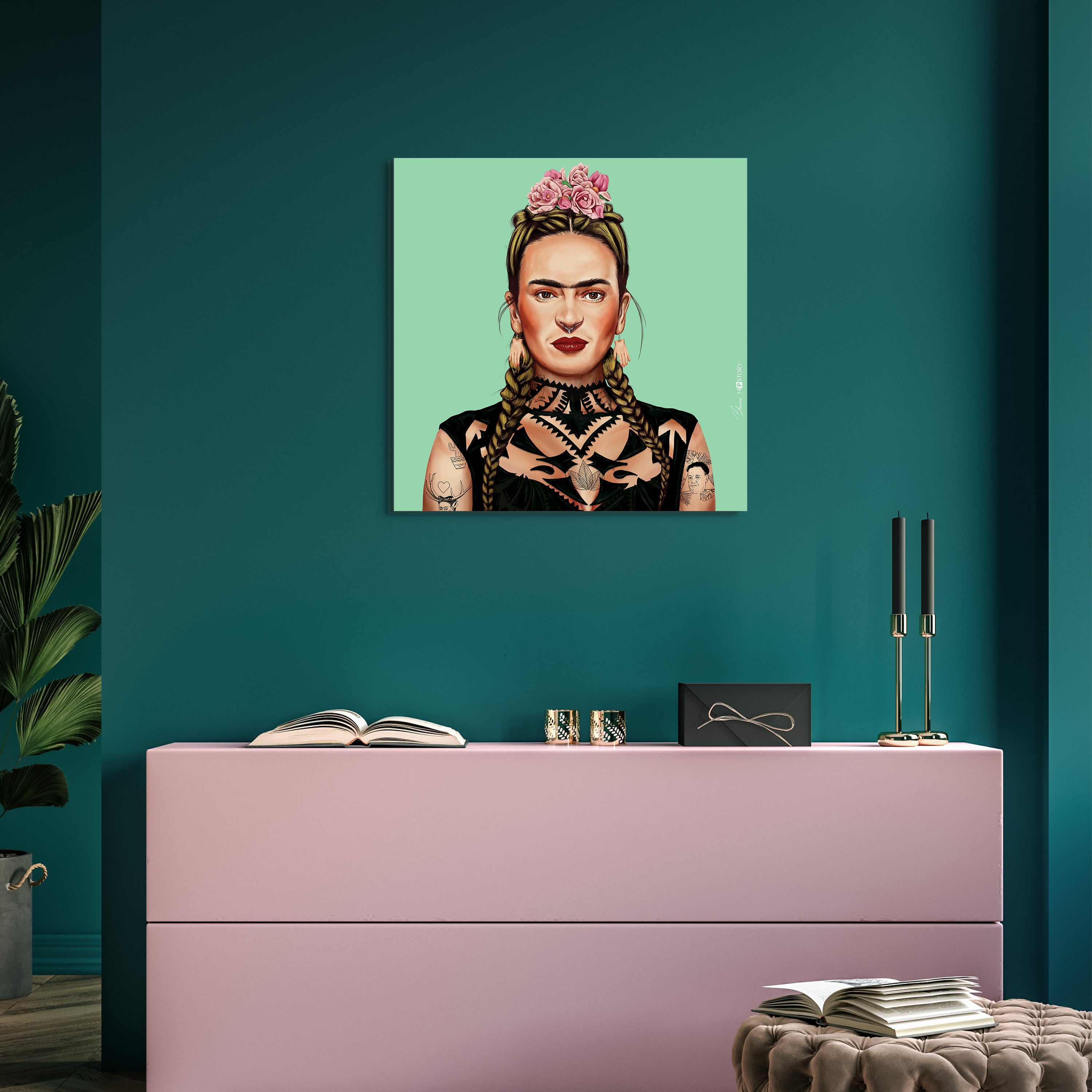 "Hip Frida Kahlo" Frameless Free Floating Reverse Printed Tempered Art Glass Wall Art