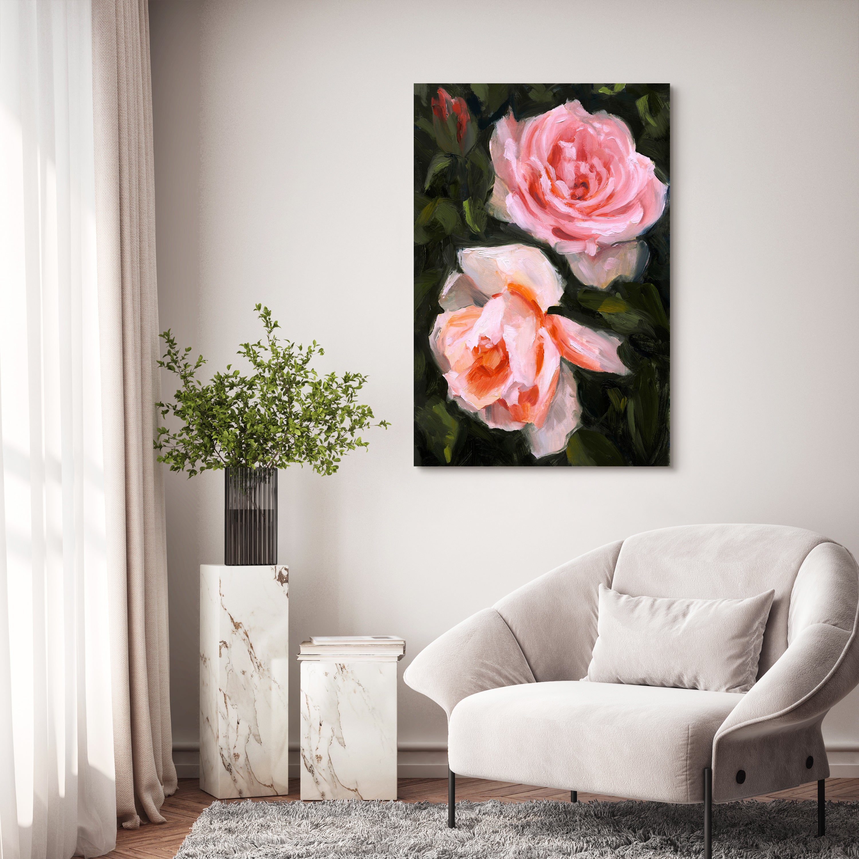 "Ethereal Roses II" Frameless Free Floating Reverse Printed Tempered Art Glass Wall Art