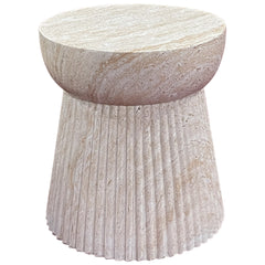 Fluted Travertine Stone Finish Italian Design MGO Side Accent Table, size 14.6"x14.6"x17", perfect for both indoor and outdoor settings.