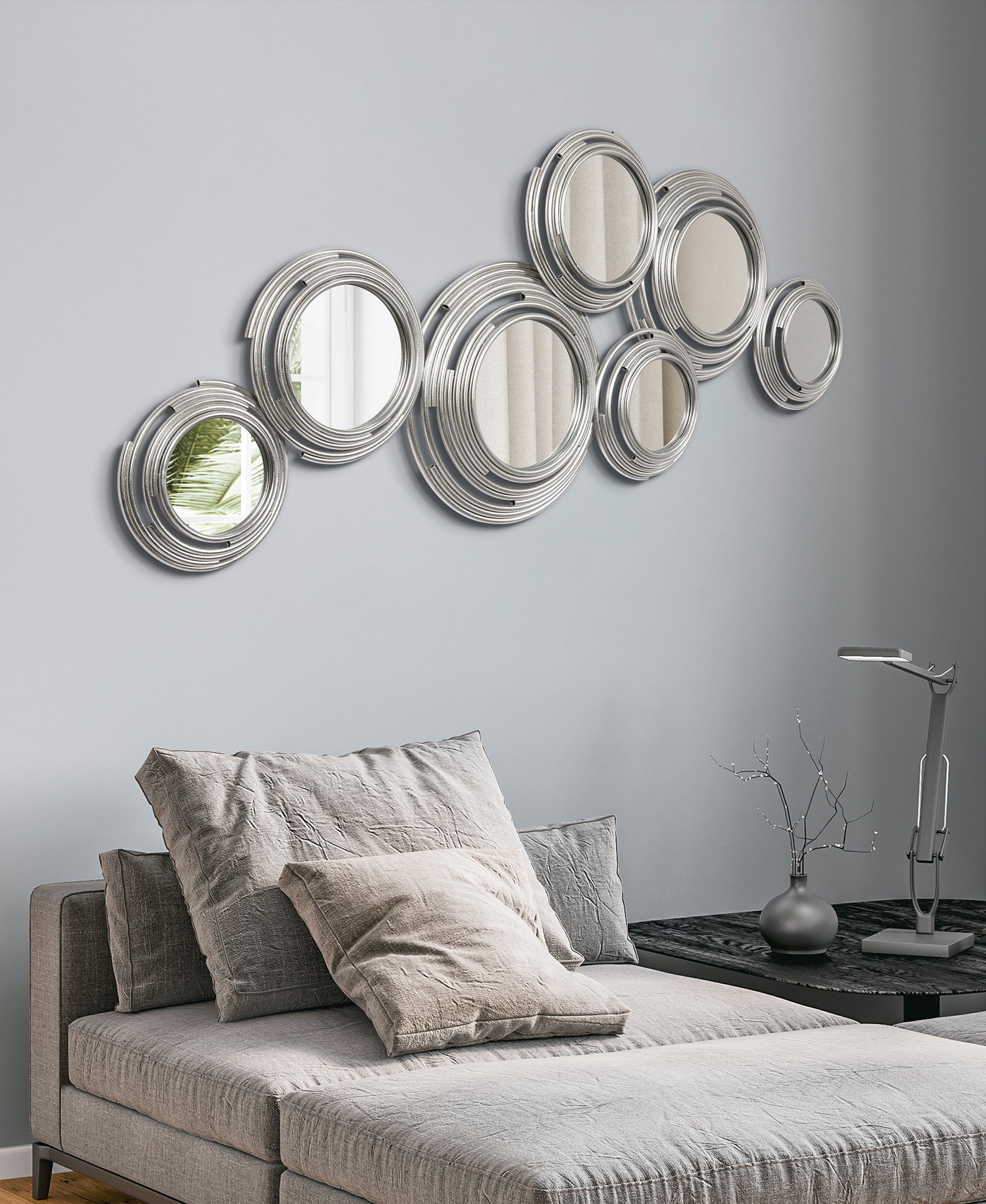 "Ascending Reflection" Circle Array Mirrors in Metal Foiled Frame,24"x59"