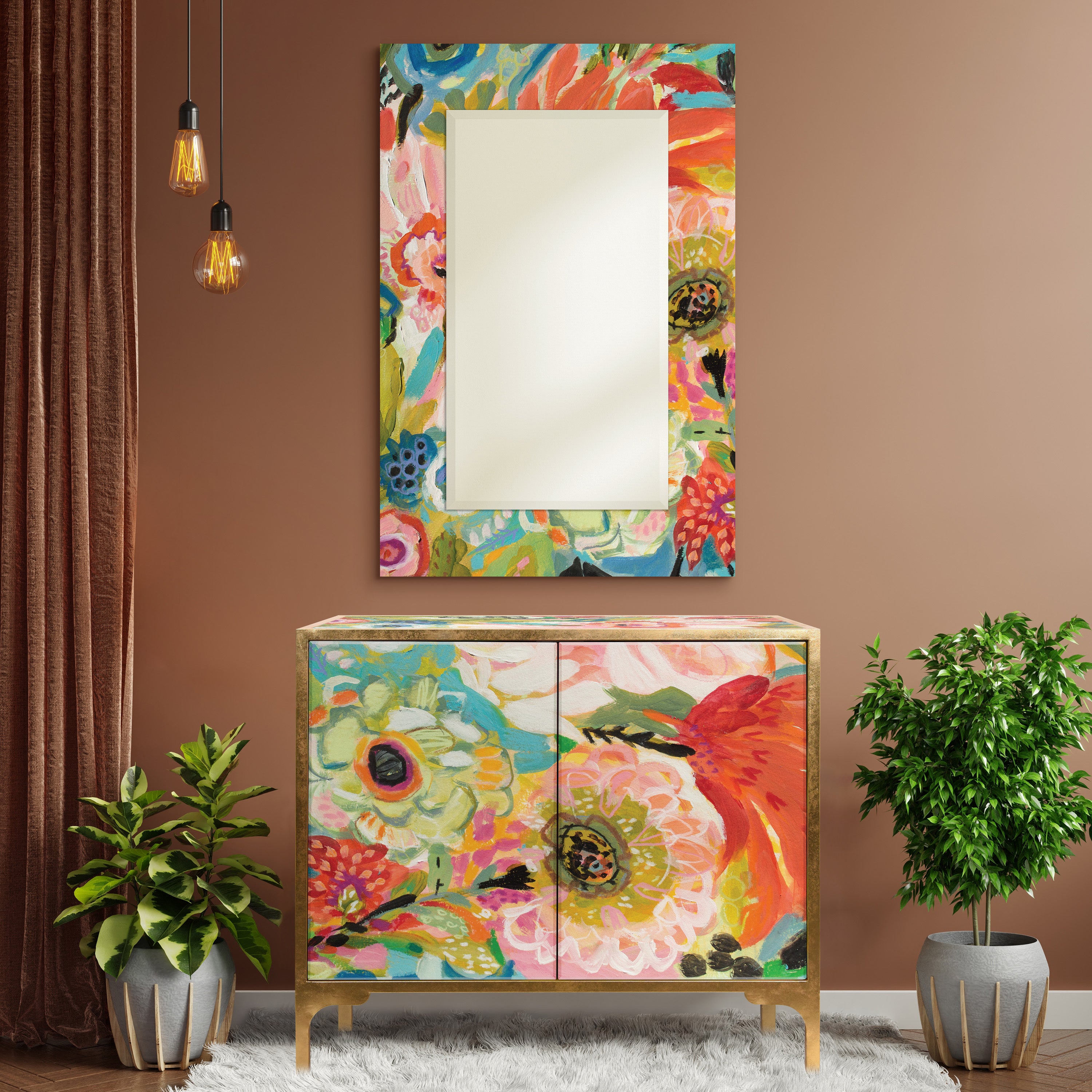 "Secret Garden Floral III" Console and Mirror Set on Reverse Printed Beveled Art Glass, by Co-Op artist Karen Fields