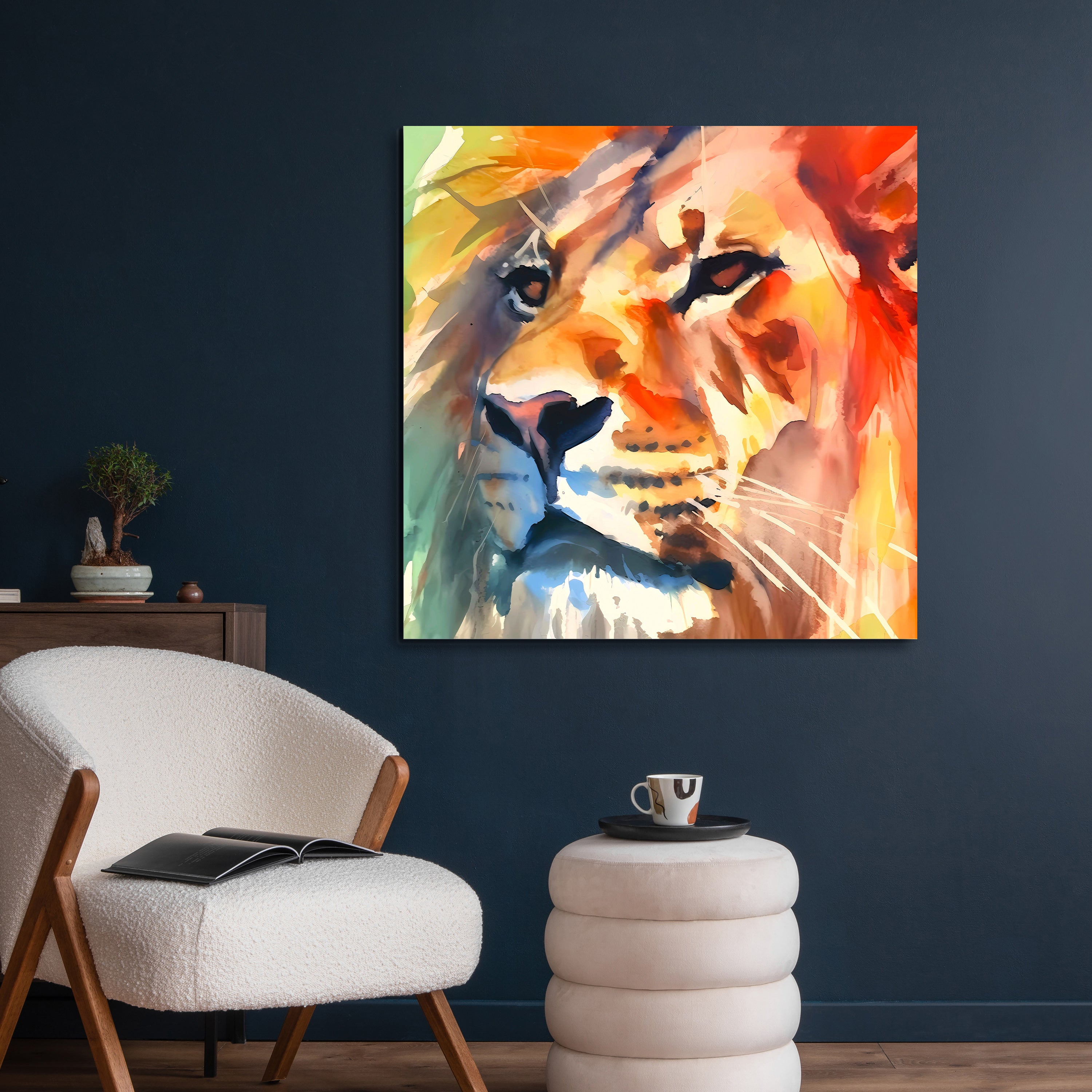 "Regal Strength I" Lion Frameless Free Floating Reverse Printed Tempered Art Glass Wall Art