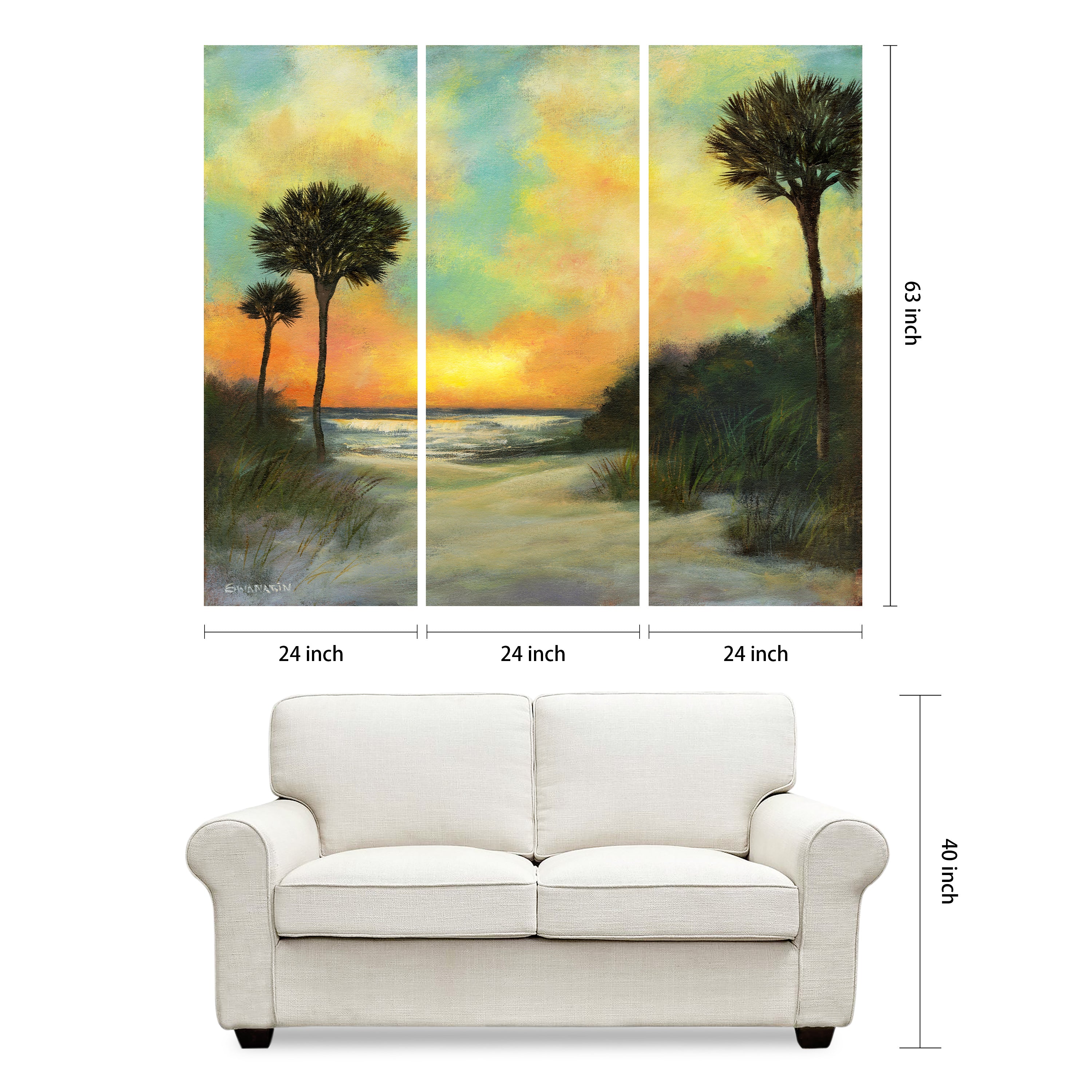 "Coastal Sunset II Set" Frameless Free Floating Reverse Printed Tempered Art Glass Wall Art - 3 Panel set