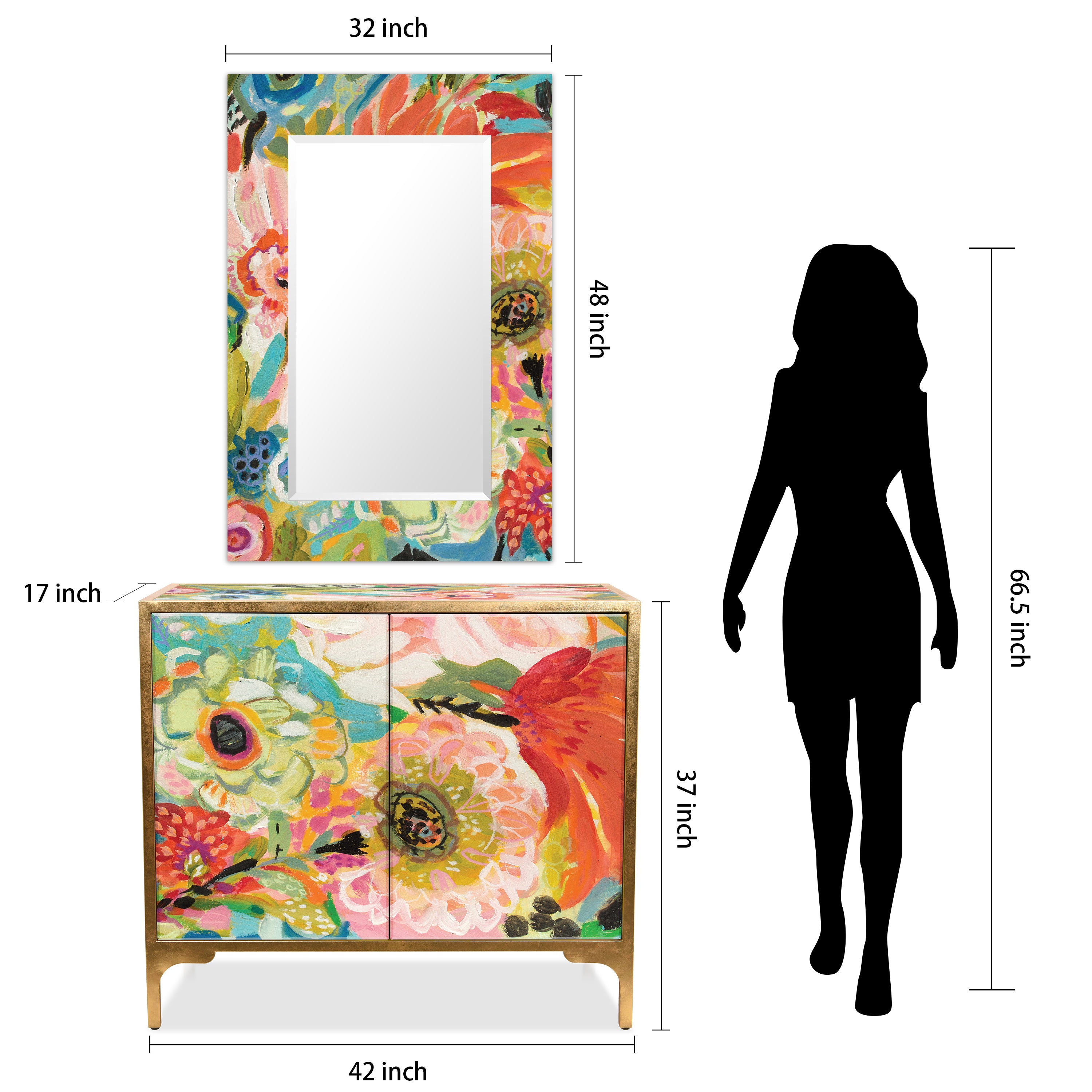 "Secret Garden Floral III" Console and Mirror Set on Reverse Printed Beveled Art Glass, by Co-Op artist Karen Fields