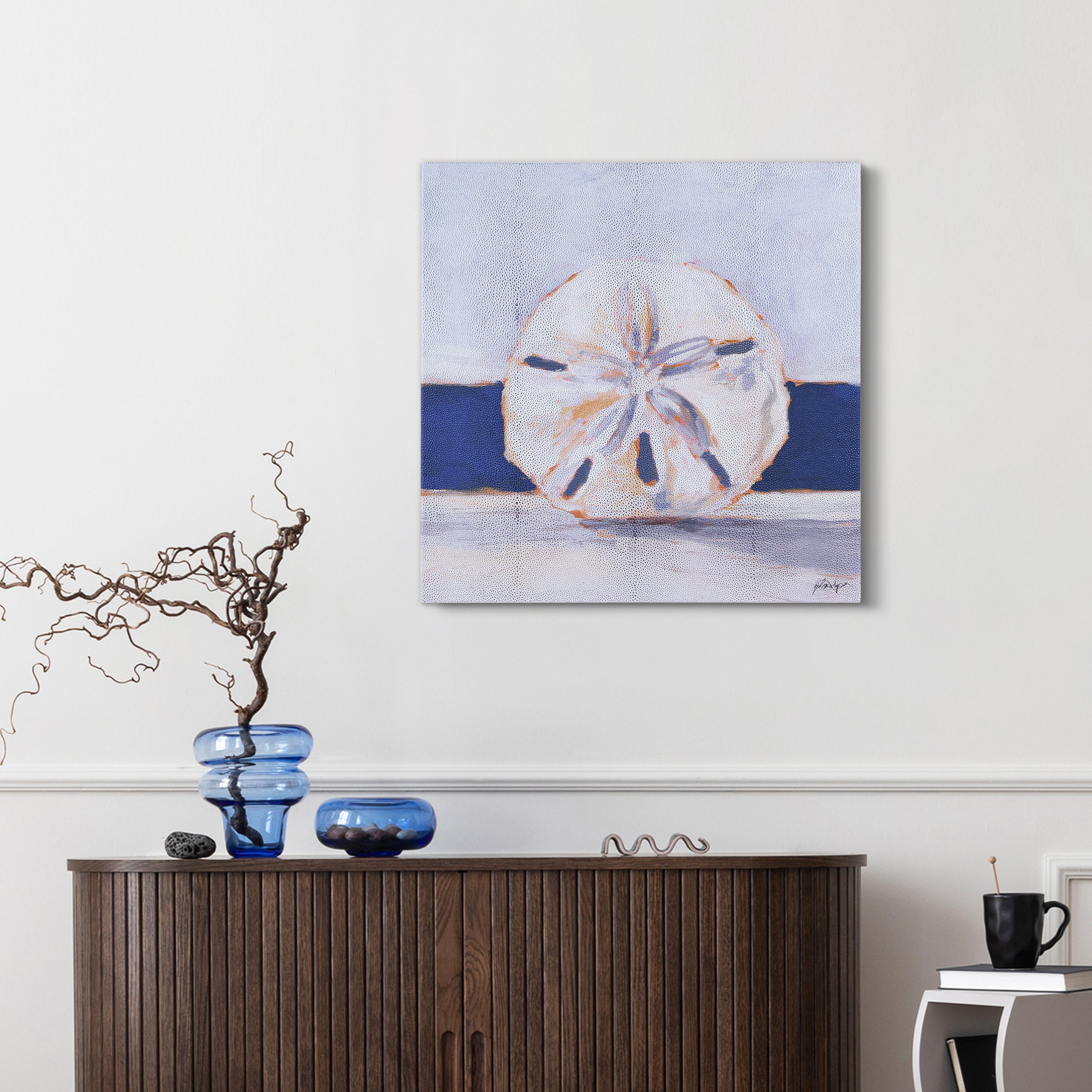 "Coastal Serenity I", Sand Dollar Rendered on Silver Metallic Shagreen Gallery Wrapped  Wall Art, sized 22"x22"