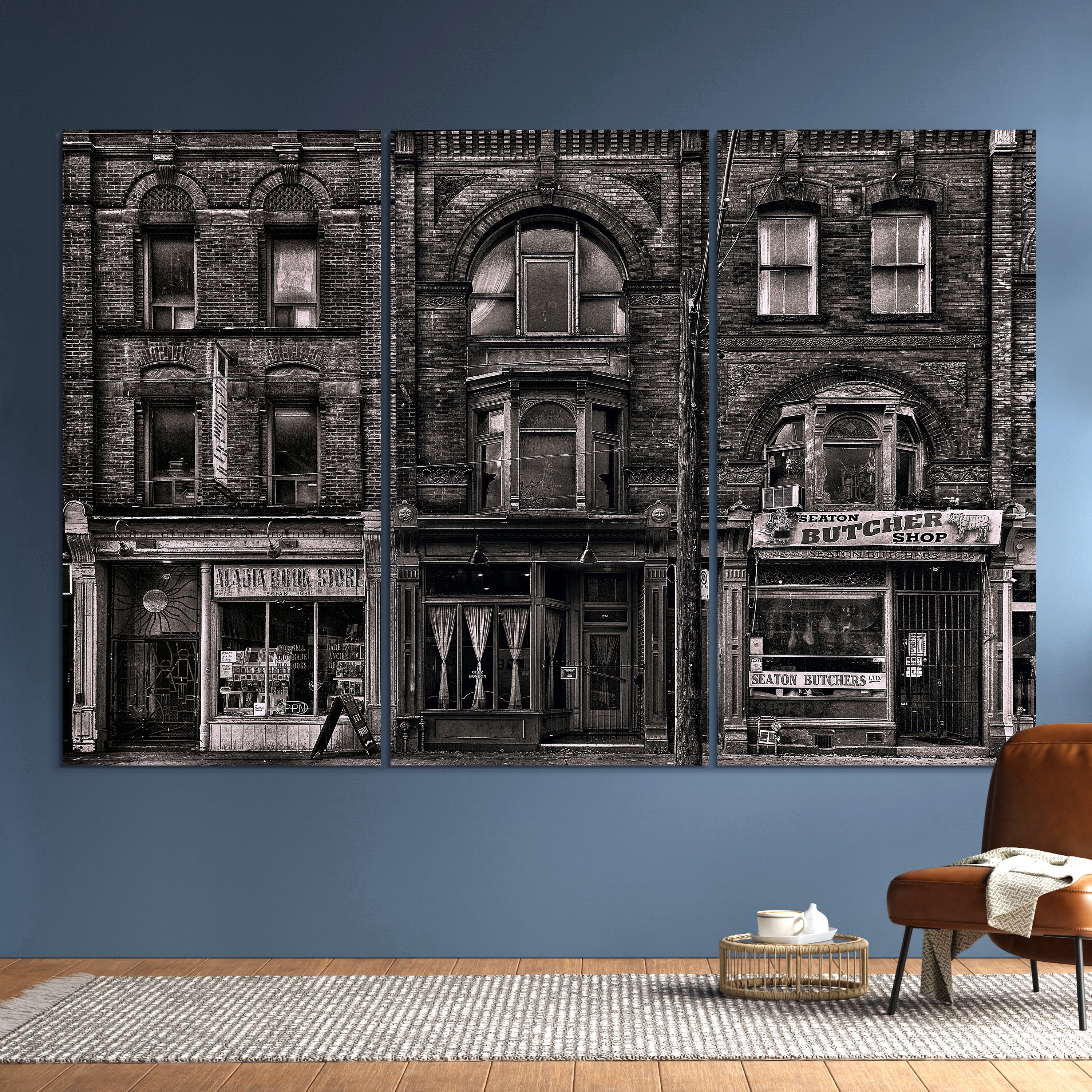 "Historic Brownstone Trio" Buildings Frameless Free Floating Reverse Printed Tempered Art Glass Wall Art