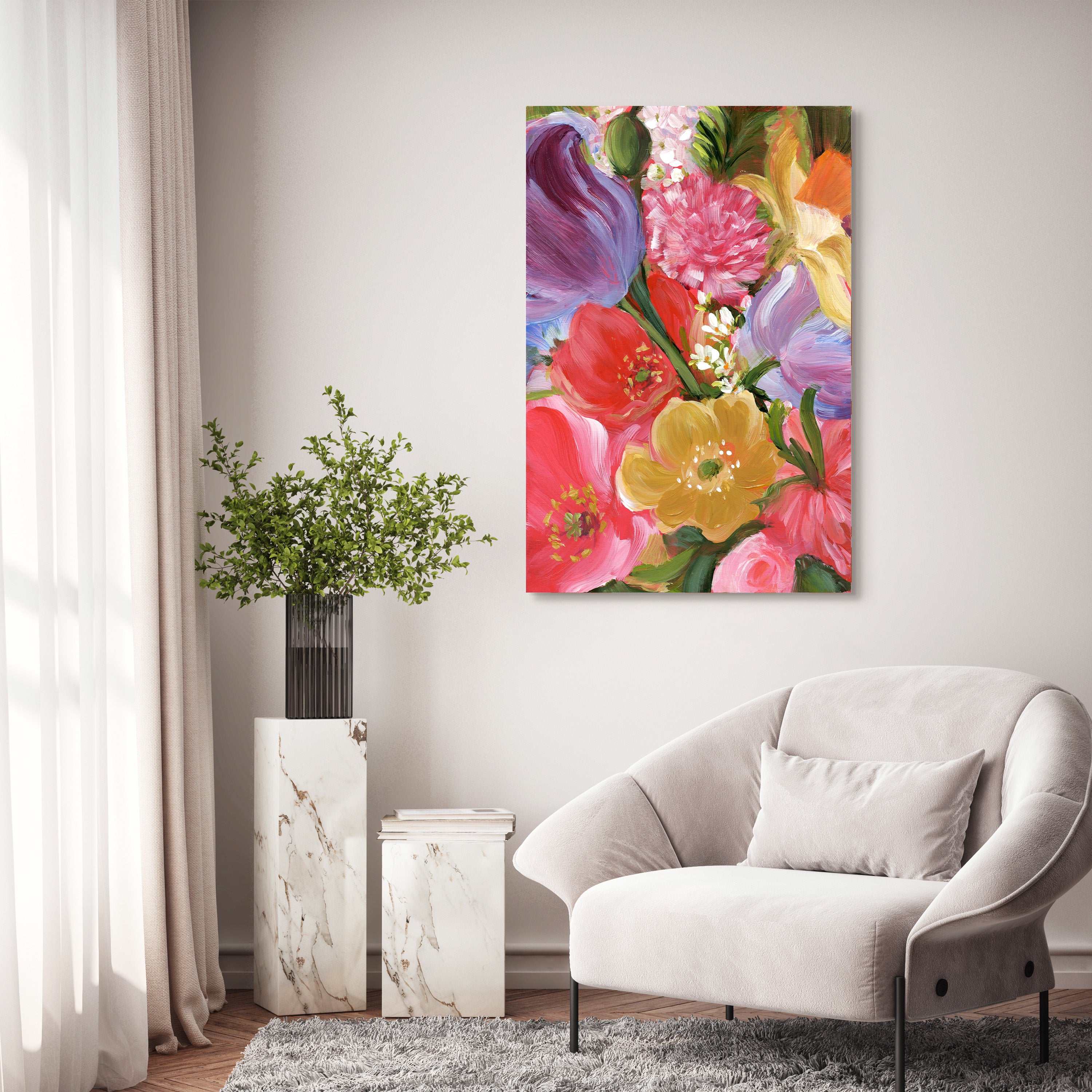 "Blossom Symphony II" Flowers Frameless Free Floating Reverse Printed Tempered Art Glass Wall Art