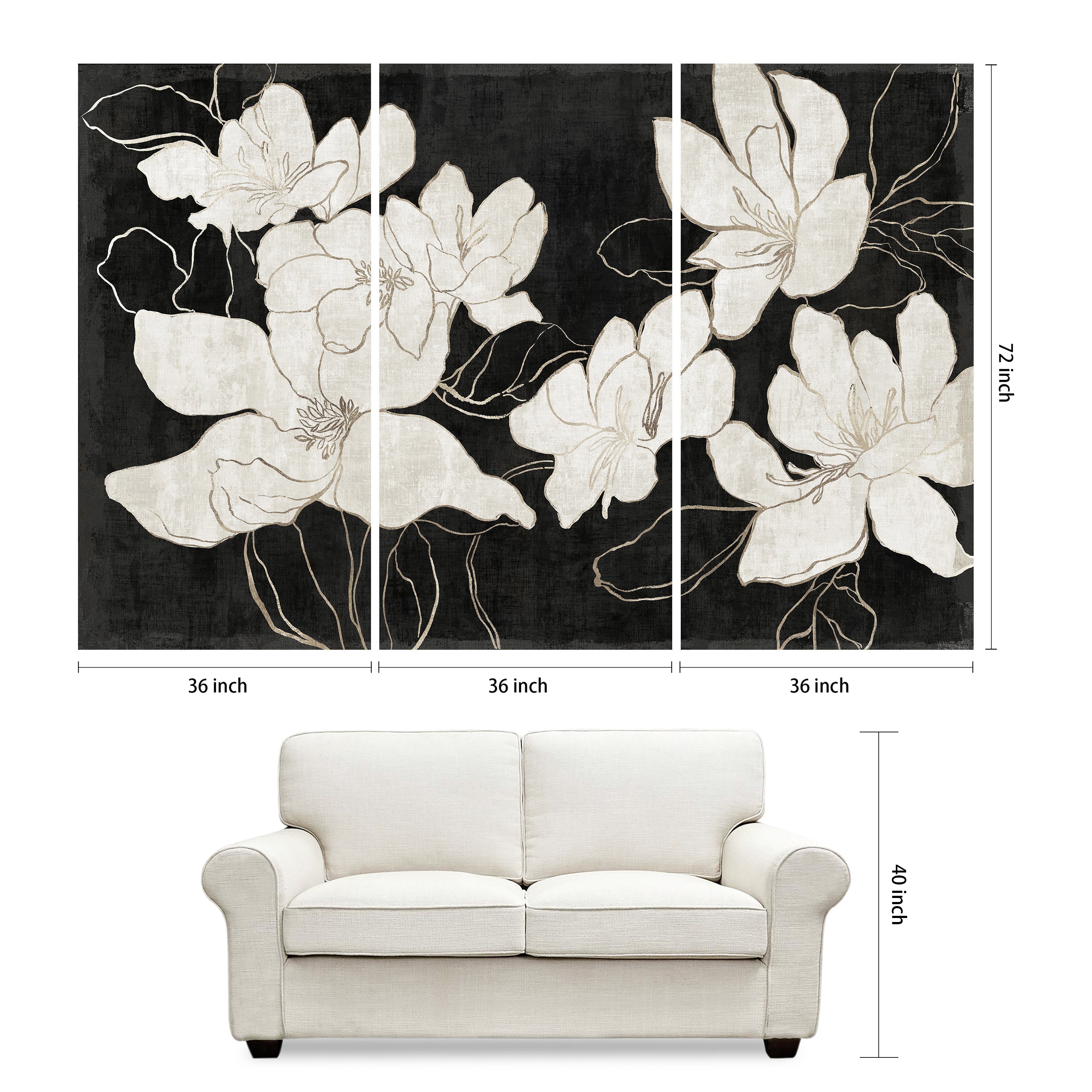 "Floral Elegance Trio" White Flower Frameless Free Floating Reverse Printed Tempered Art Glass Wall Art