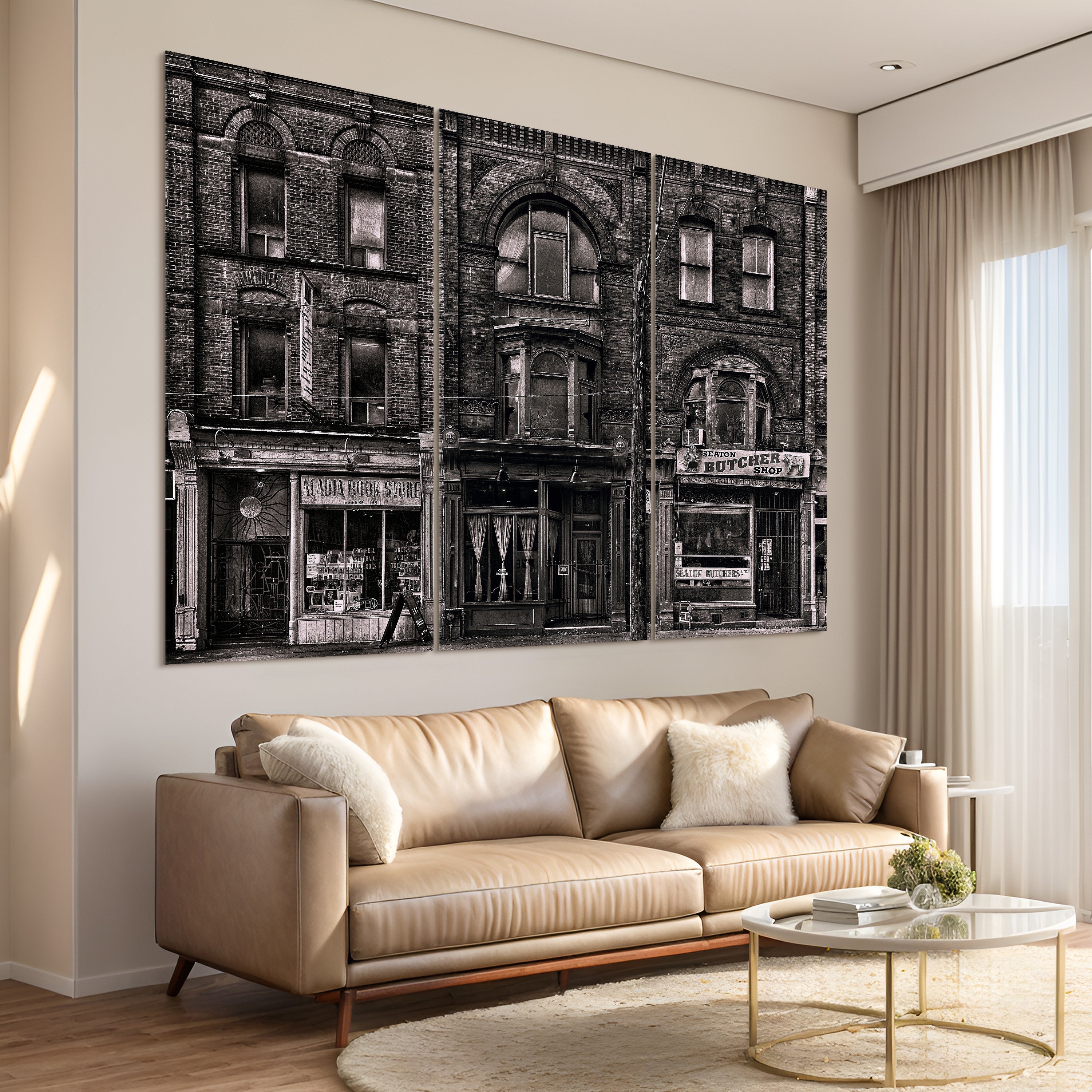 "Historic Brownstone Trio" Buildings Frameless Free Floating Reverse Printed Tempered Art Glass Wall Art