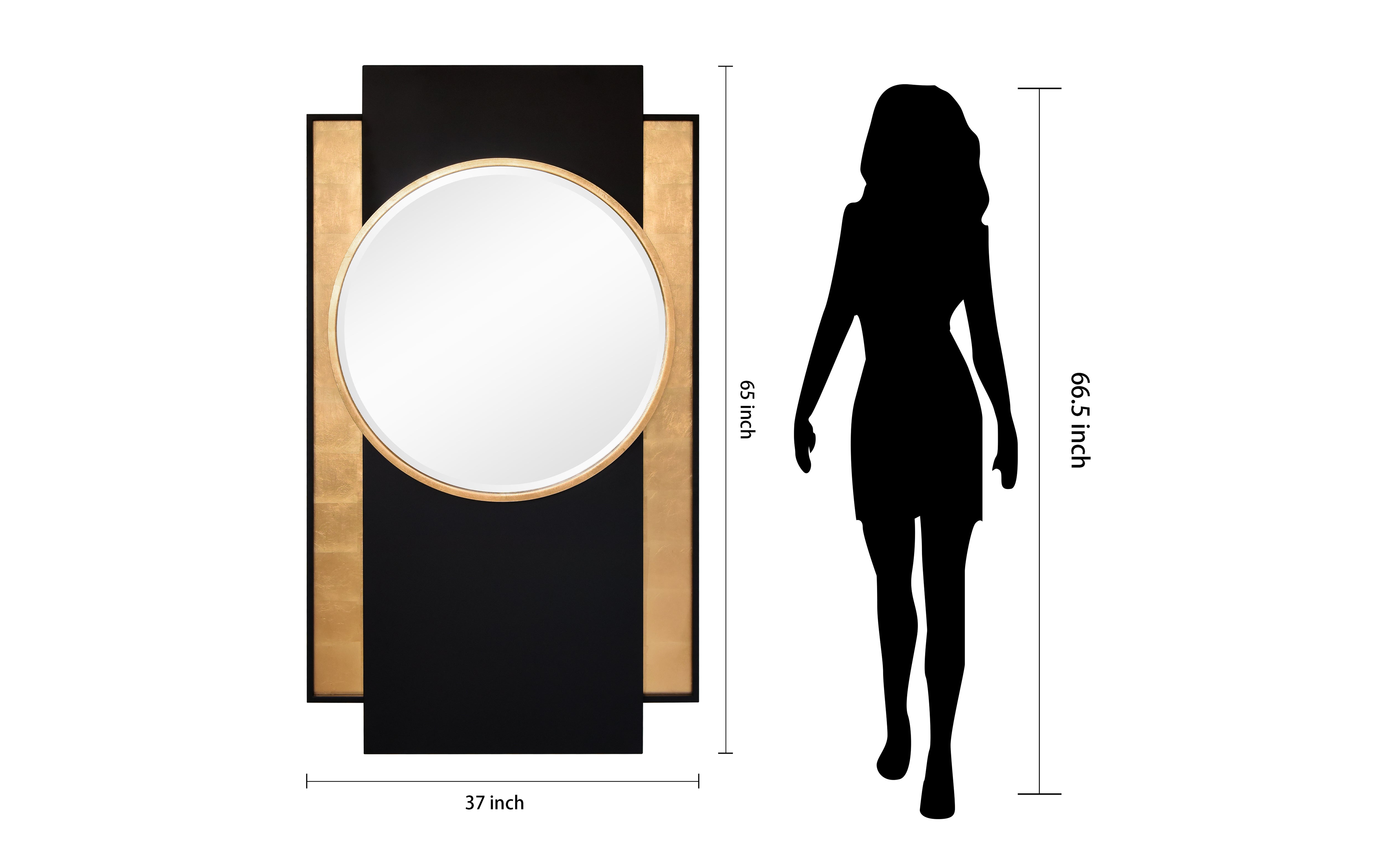 "Modern Elegance Gold and Black Wall Mirror", 37"x65", Beveled Center Round Mirror Featuring a  Black and Gold Foiled Iron Frame