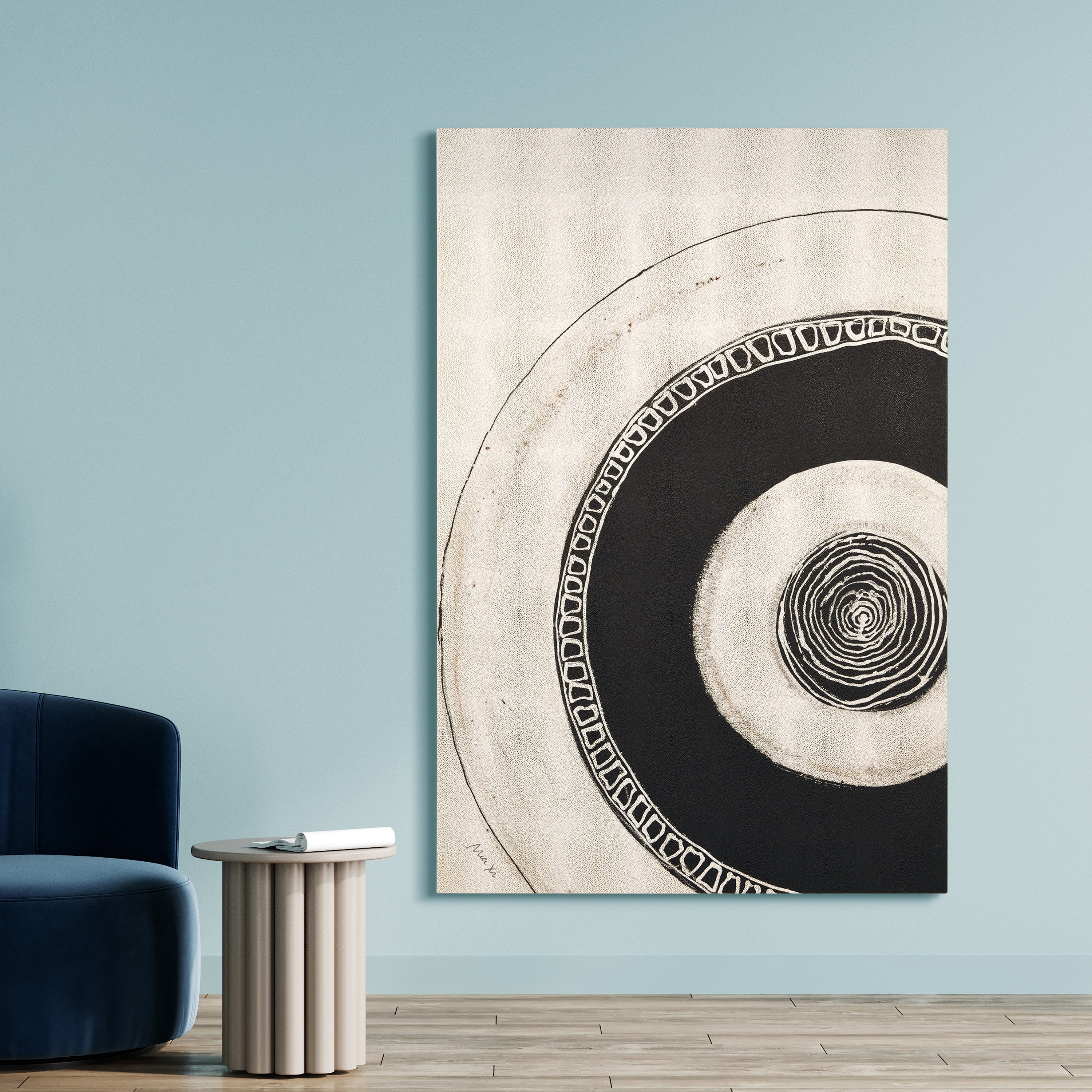 "Ecliptic Focus" Abstract Circle Rendered on Gold Shagreen Gallery Wrapped  Wall Art, sized 60"x40"