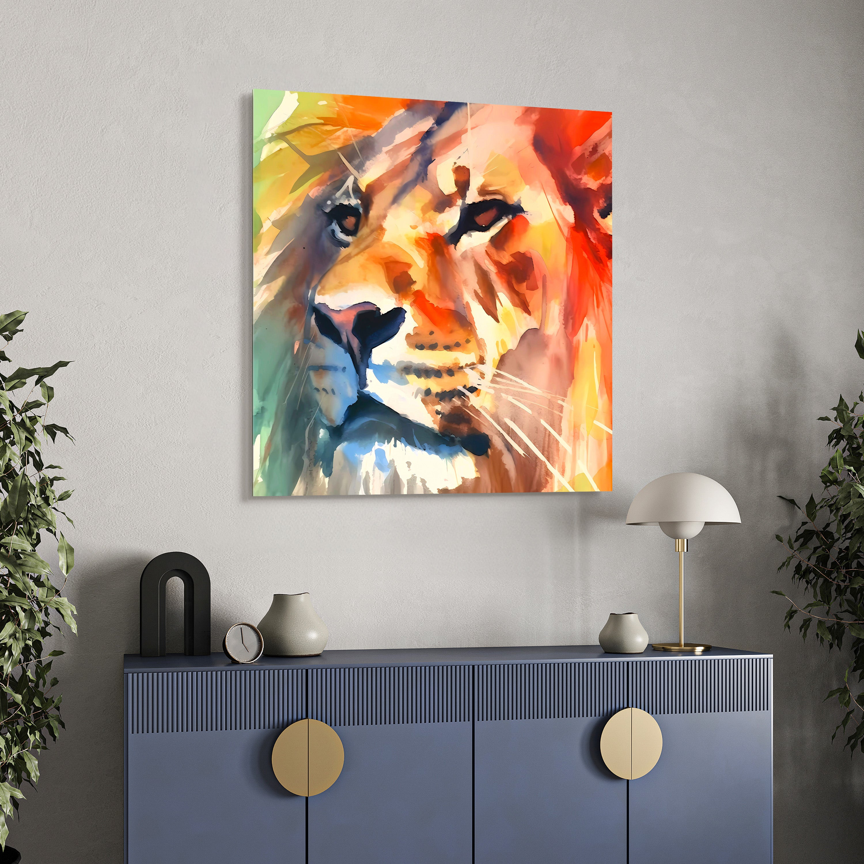 "Regal Strength I" Lion Frameless Free Floating Reverse Printed Tempered Art Glass Wall Art