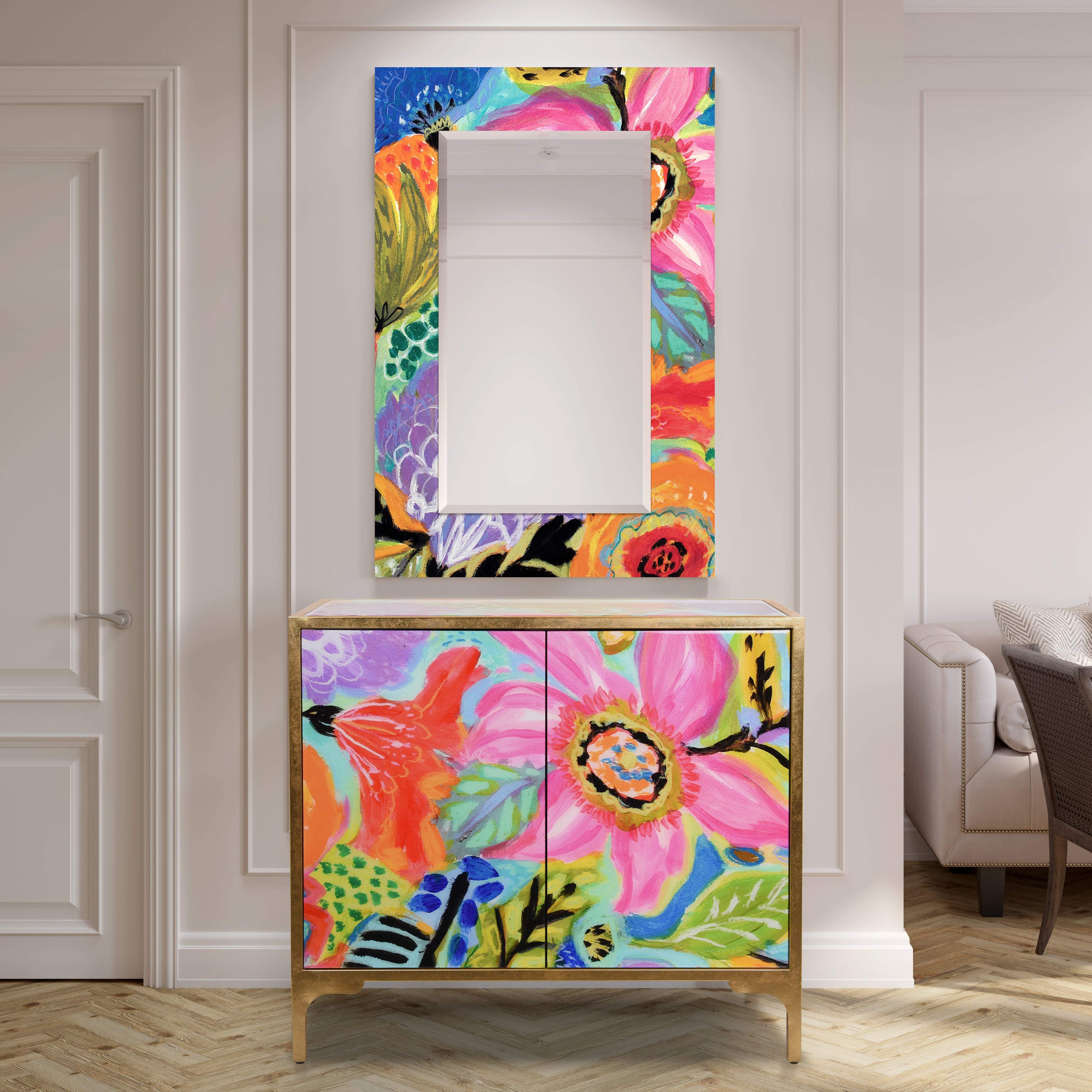 "Secret Garden Floral II" Reverse Printed Beveled Art Glass Console and Mirror Set, by Co-Op artist Karen Fields